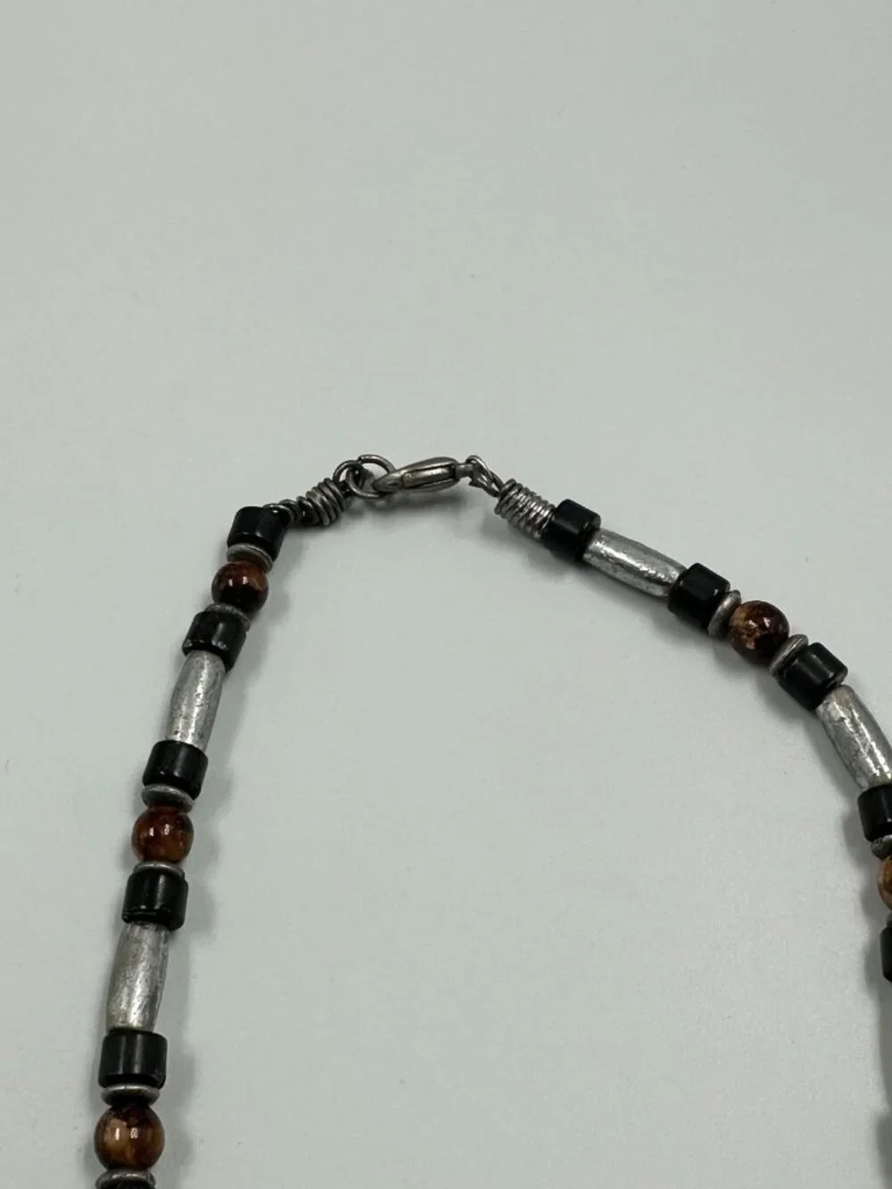 3/$30 Mens Necklace Silver Tone Tube Beads Black Brown Rustic Beaded 16 Inch